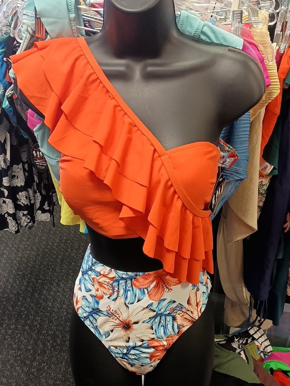 One-Shoulder Ruffle Bikini Top with Floral High-Waist Bottom - Orange & White